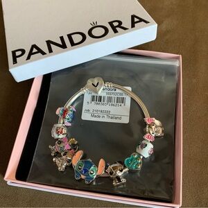 NWT Retired Pandora Hearts Bangle Bracelet w/ Lilo & Stitch Charms